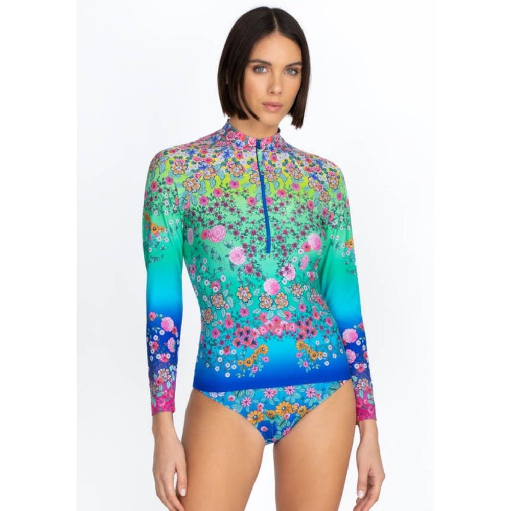 Johnny Was Swimwear SURF SHIRT Comfort Rash Guard Floral Blue Multi Top New